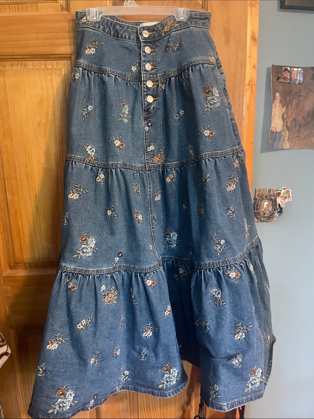 DRIFTWOOD Blue Embroidered Tiered Denim Maxi Skirt
